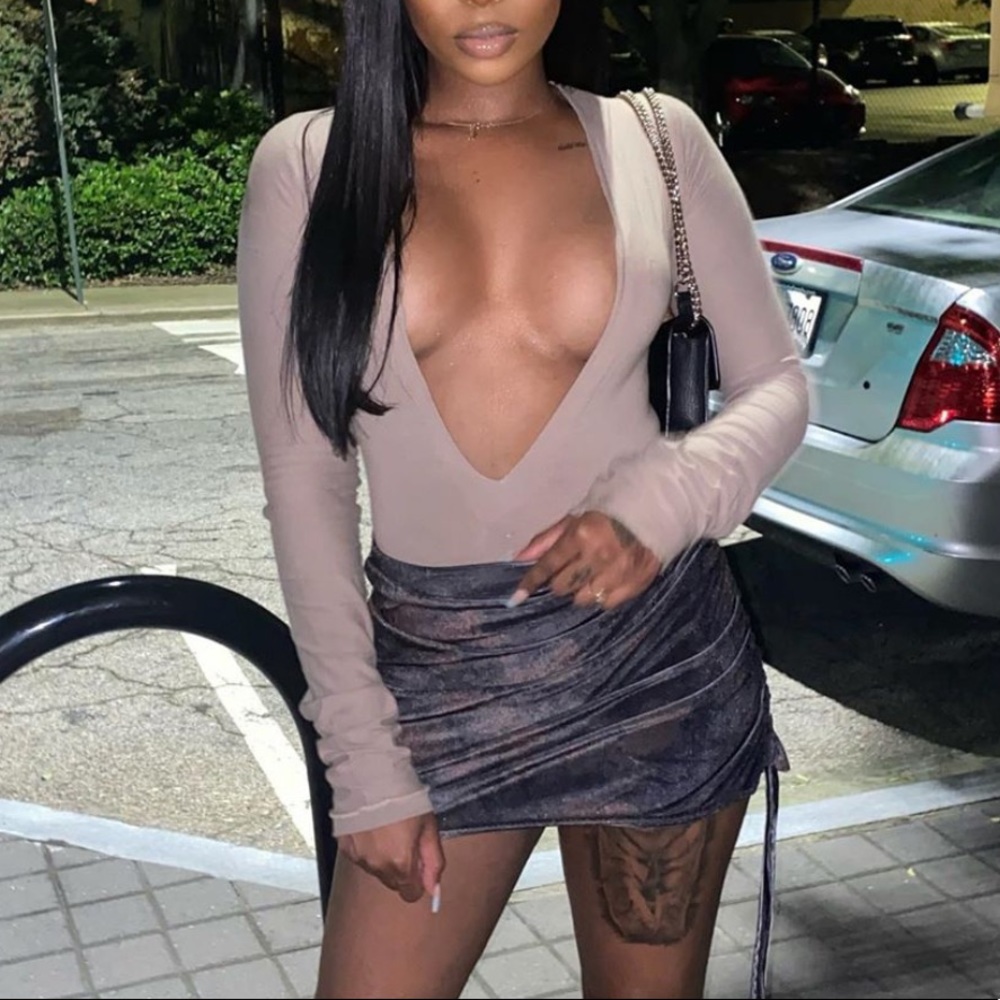 NWOT Oh Polly Nude Long Sleeve Plunge Bodysuit